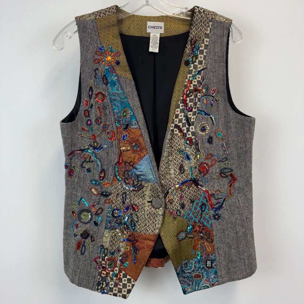 Chico's Beaded Patchwork Vest Wool Blend Embroide… - image 1